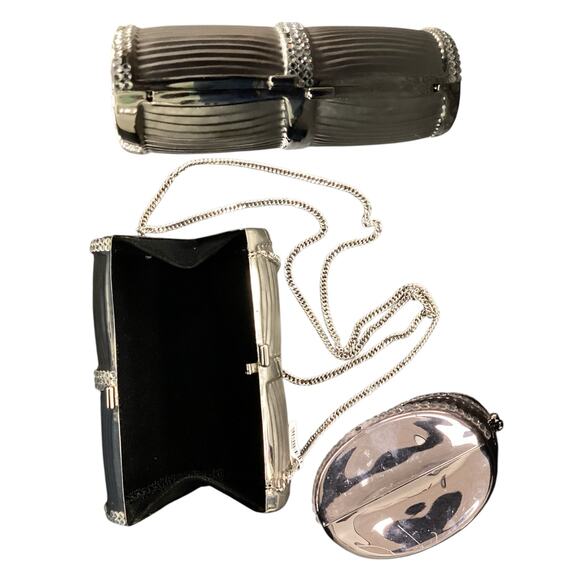 VTG Women’s Hard Metal Silver Clutch with Rhinestones and Crossbody Chain - Picture 3 of 3